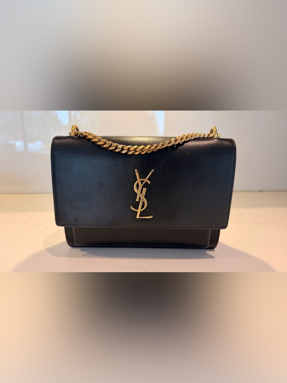 YSL Med/Flap Black Leather Chain-Handle Shoulder/Crossbody Bag